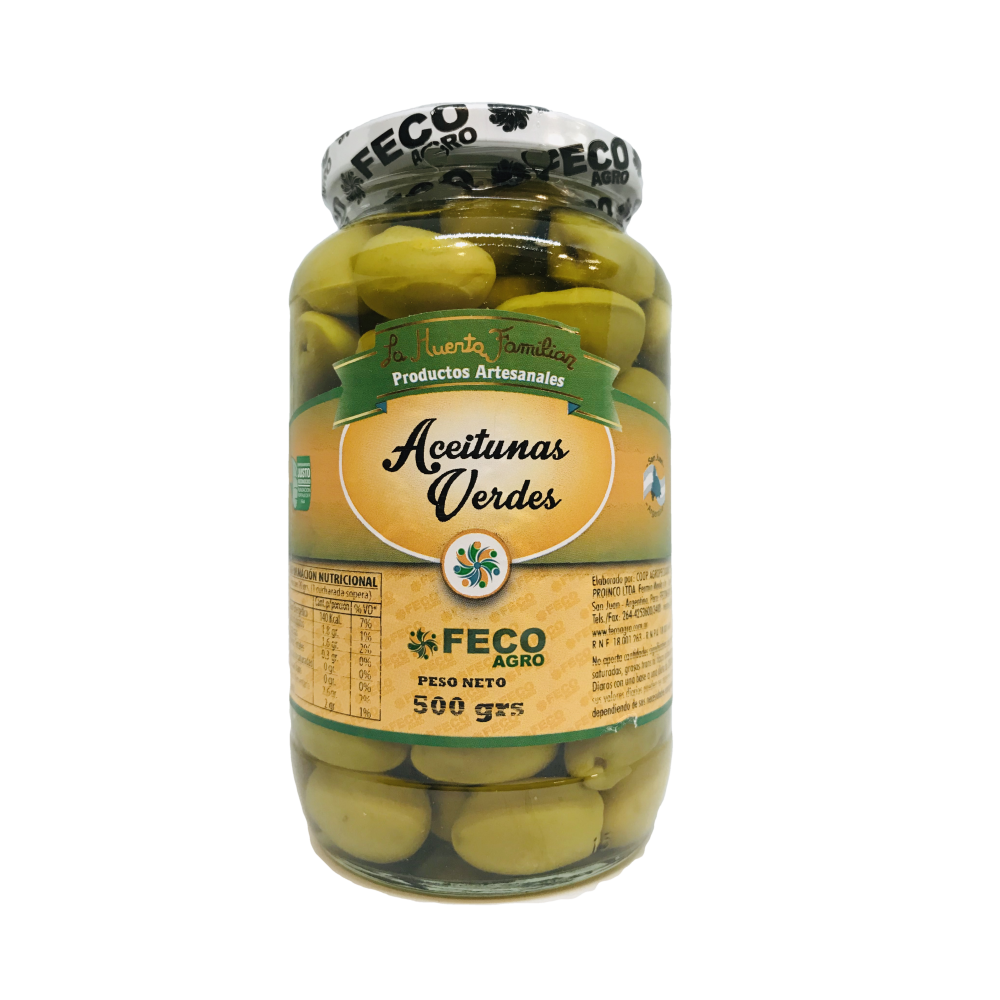 ​​​​​​ACEITUNA VERDE SALMUERA LA HUERTA FAMILIAR X 500 GRS