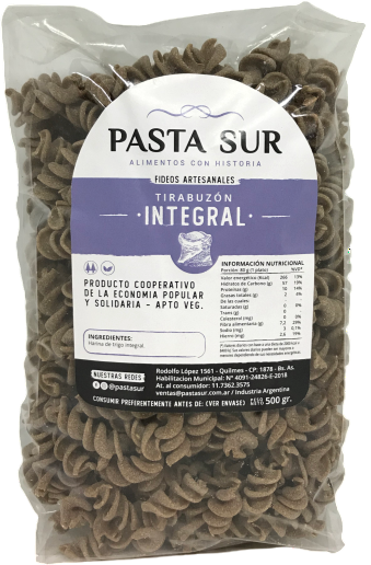 FIDEOS AGROECOLÓGICOS TIRABUZON INTEGRAL PASTA SUR X 300 GRS