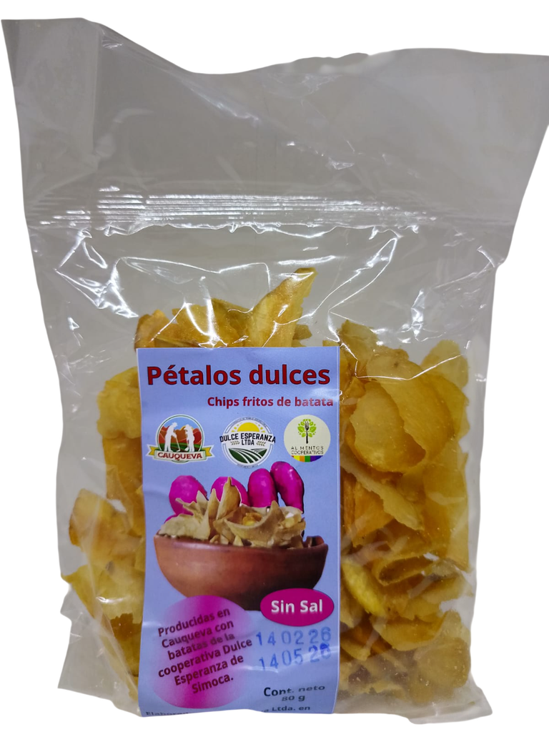 PETALOS DE BATATA SIN SAL CHIPS FRITOS CAUQUEVA X 80 GRS