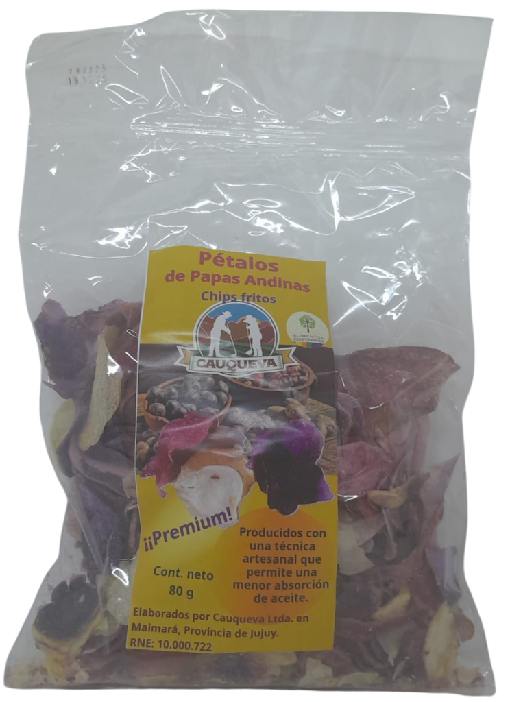 PETALOS PREMIUM DE PAPAS ANDINAS CHIPS FRITOS CAUQUEVA X 80 GRS